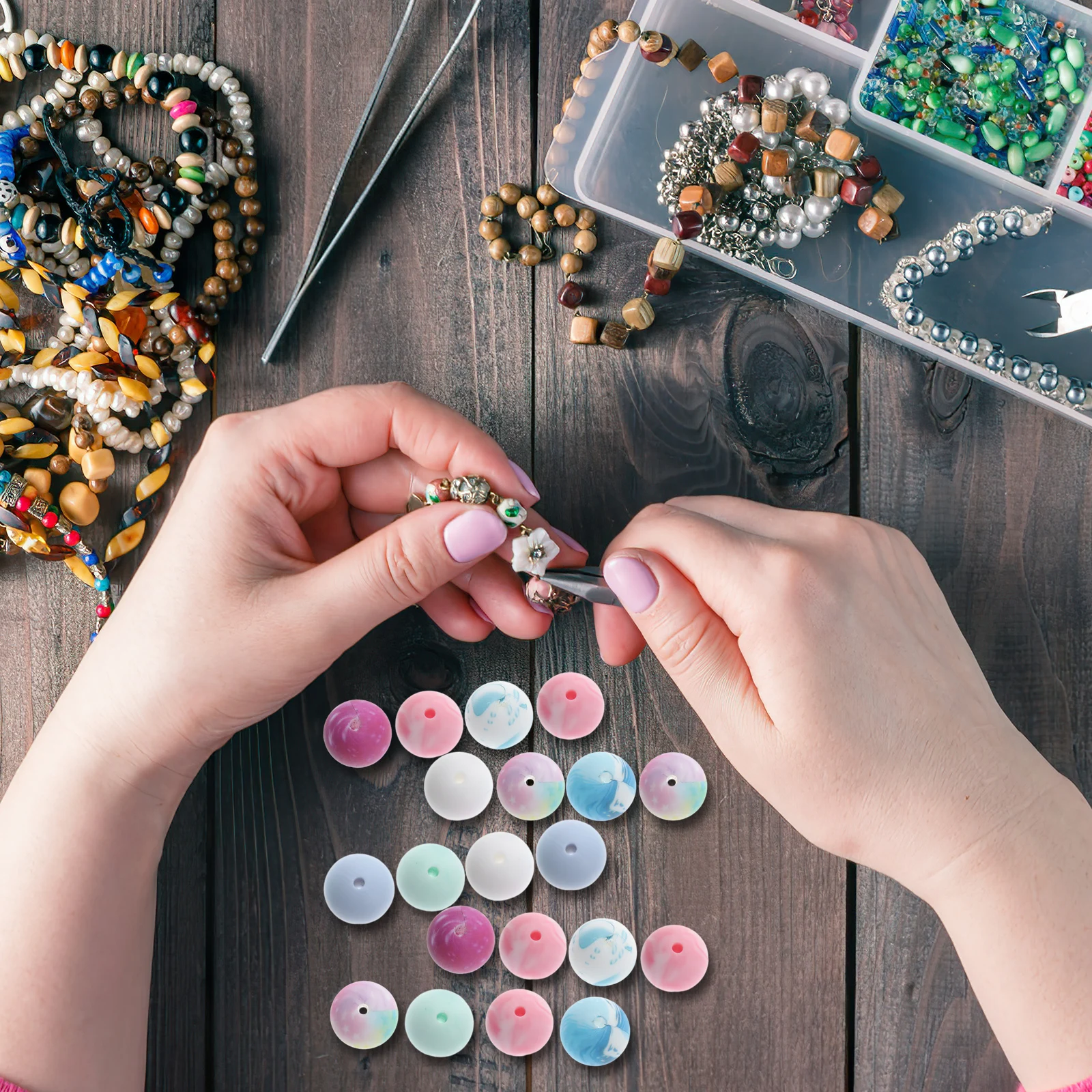 78 Pcs Beaded Set Round Silicone Beads Jewelry Making Bracelet Kit Keychain Bulk Ornament Tools Handmade Accessories