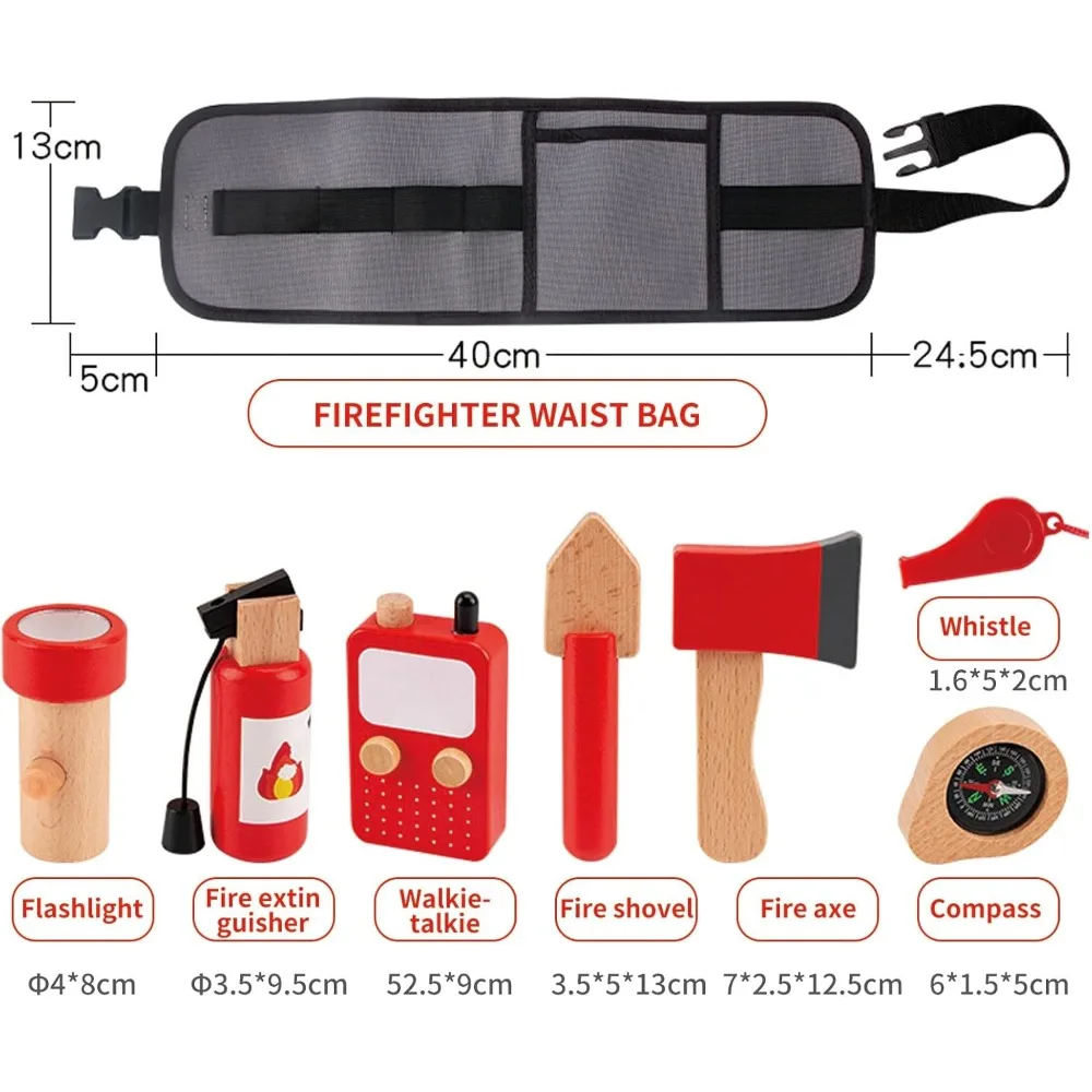Kids Firefighter Toy Set Wooden Fireman Role Play Waist Bag with Tools Pretend Play Toy for Boys Girls Set Kids Christmas Gift