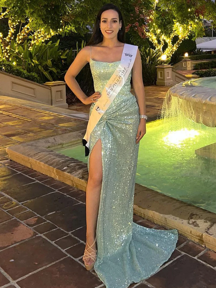 

Sparkling Mint Green Sequin Long Dress – Sexy Spaghetti Strap Evening Gown for Birthday Party & Formal Events