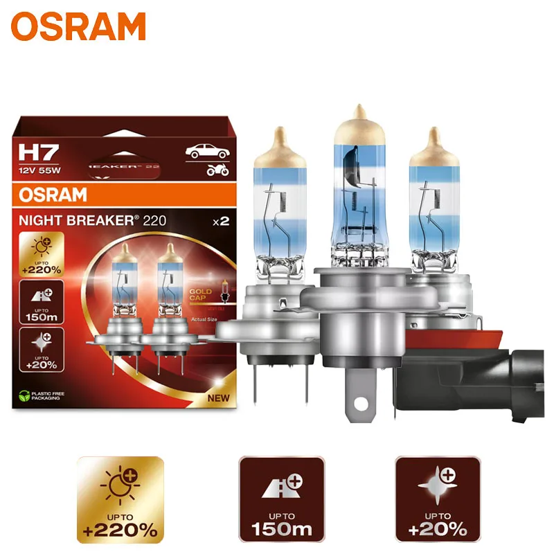 OSRAM Night Breaker 220 Lampy samochodowe H4 H7 H11 Reflektor halogenowy +220% Moc Jasna +150 m Długa wiązka Oryginalne światło 12 V Niemcy, 2x
