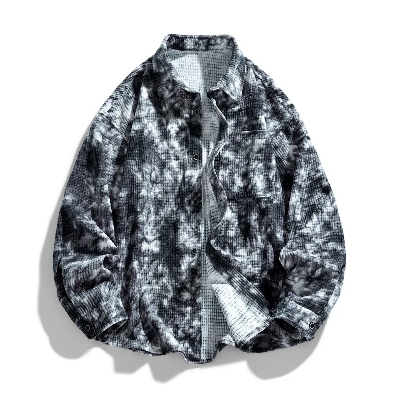 Men's Teal Tie-Dye Waffle Knit Shirt Jacket Oversized Lapel Button Down Shacket with Chest Pocket Casual Soft Outerwear