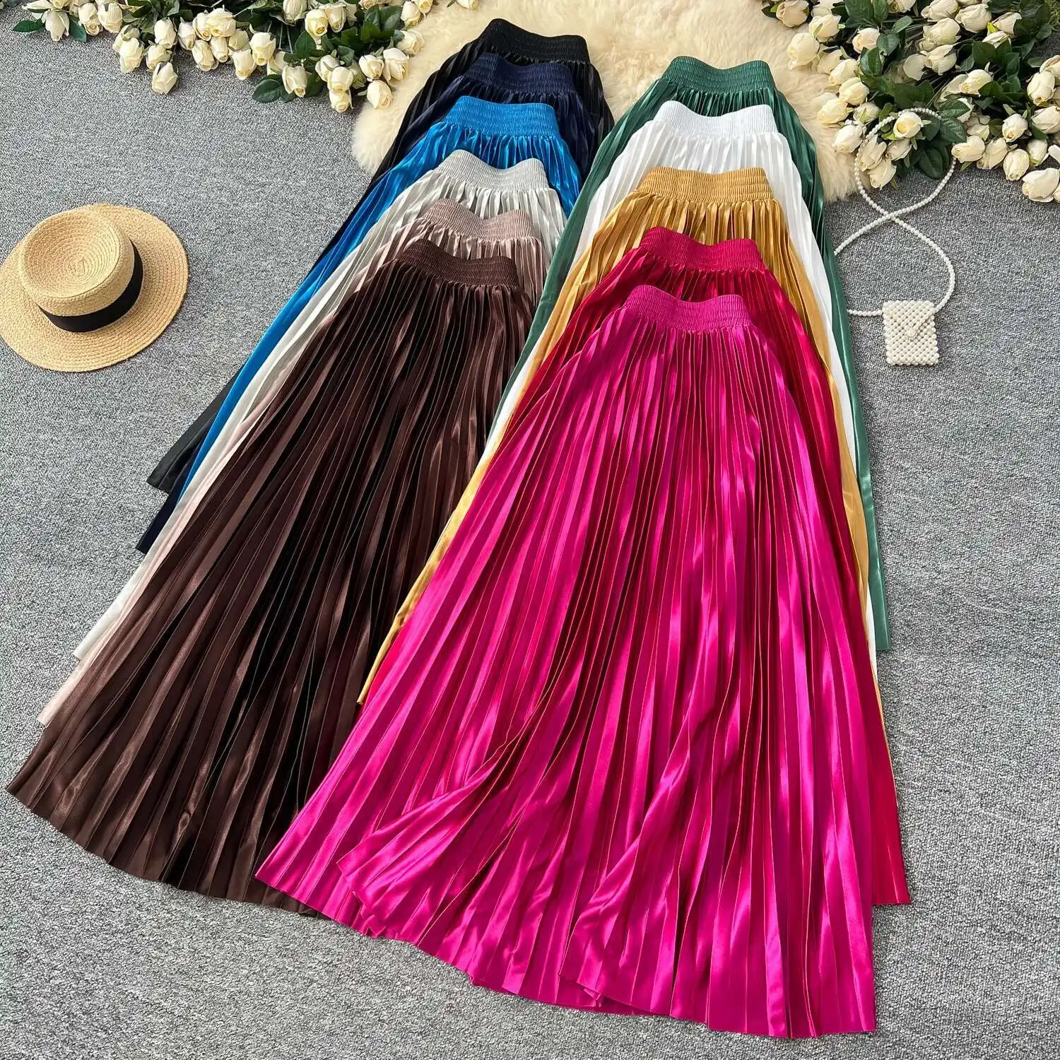 

Women Metallic Pleated Midi Skirt Spring Autumn Elastic High Waist Elegant A-line Mid Length Skirts