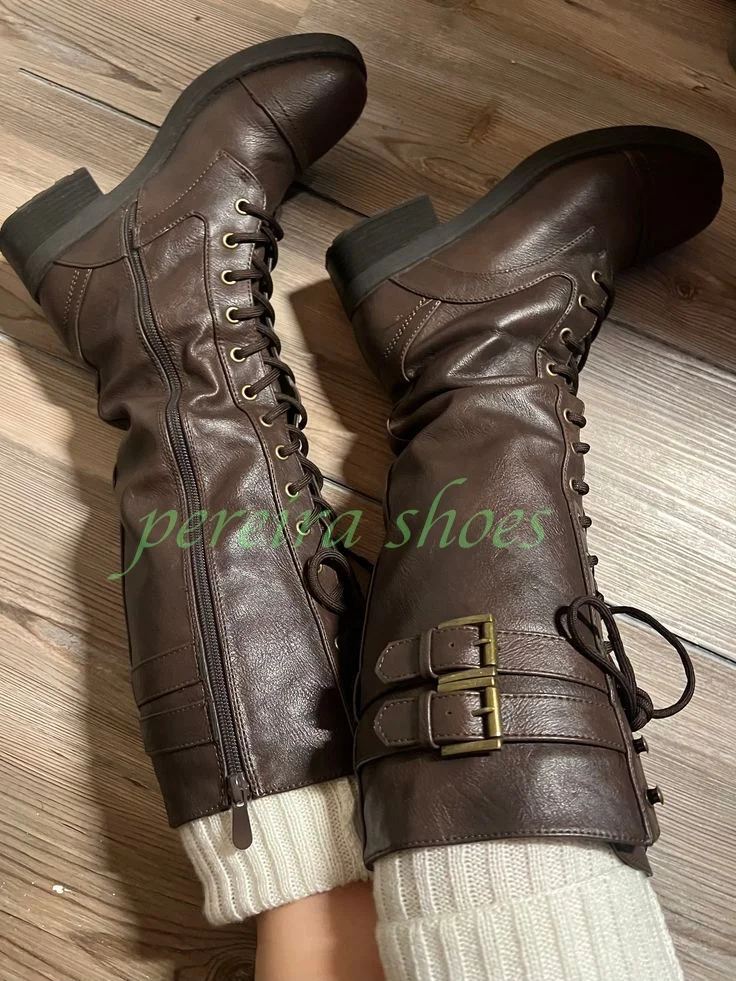 

Lady Dark Brown Gladiator Runway Knee Boots Footwear Chunky Heel Lace-Up Zipper Pu Fall Vintage Style Knee Boots Size 34-46