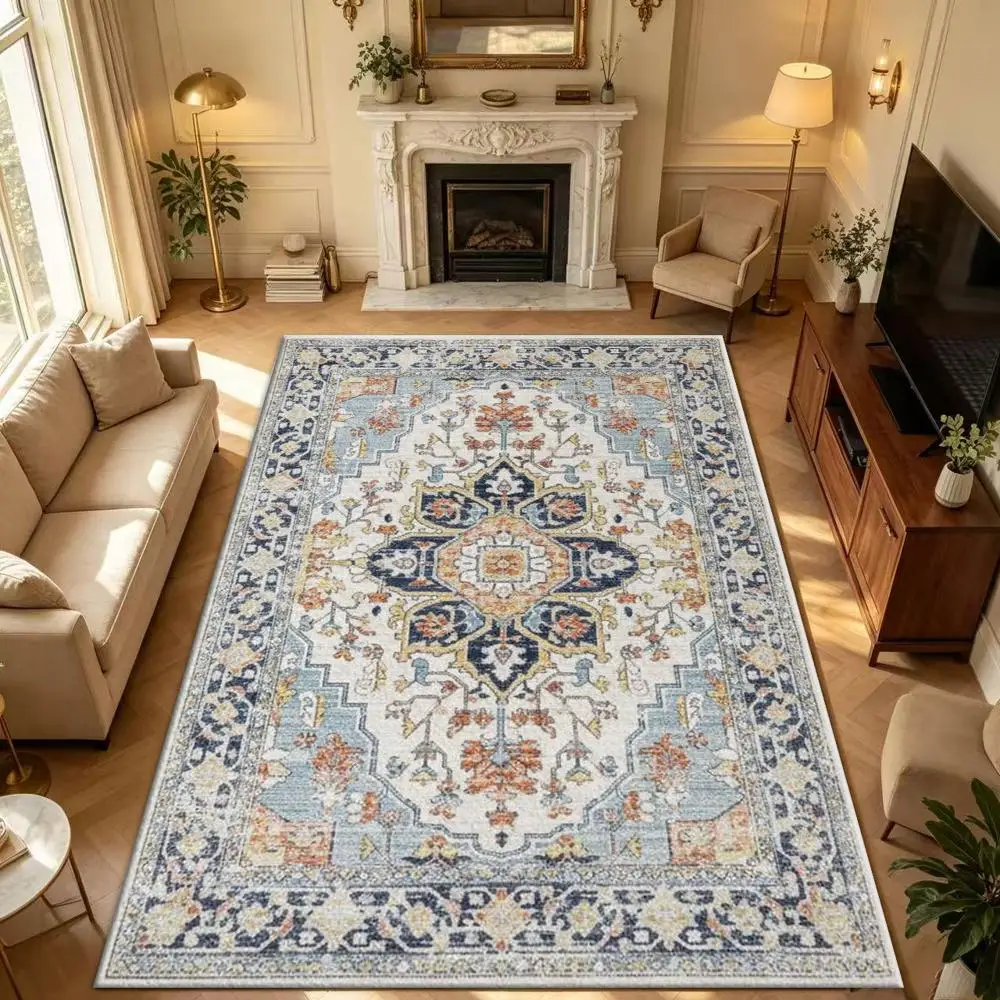 Blue Vintage Floral Pattern, Soft and Comfortable, Suitable for All Seasons, Easy to Maintain, Machine Washable, Indoor Rug, Suitable for Living Room, Bedroom, Dining Room, Hallway, Office, Terrace, Home and Outdoor Decoration