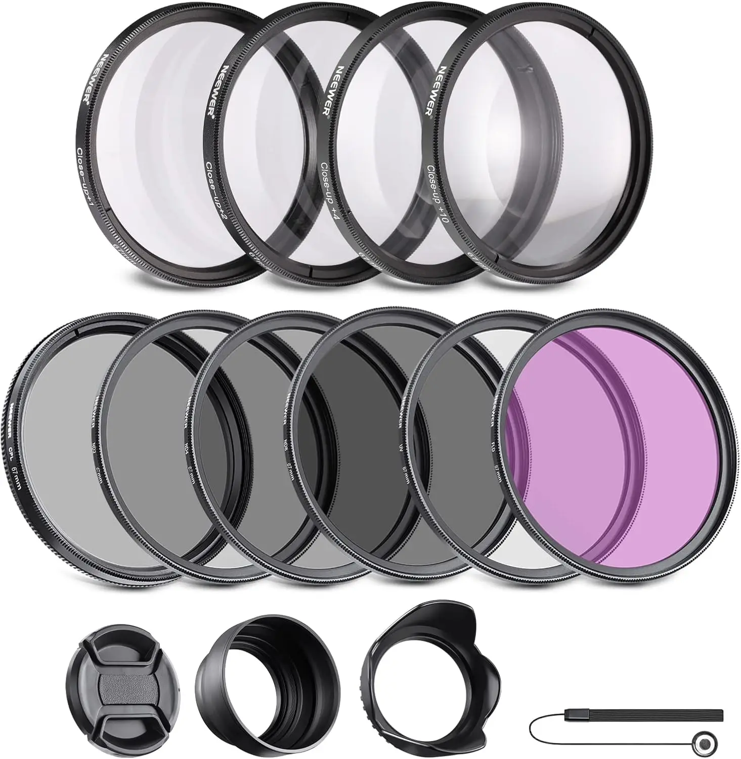 

67mm Complete Lens Filter Kit: UV, CPL, FLD, ND2/4/8, Macro Close-Up (+1 to +10), Hoods & Accessories