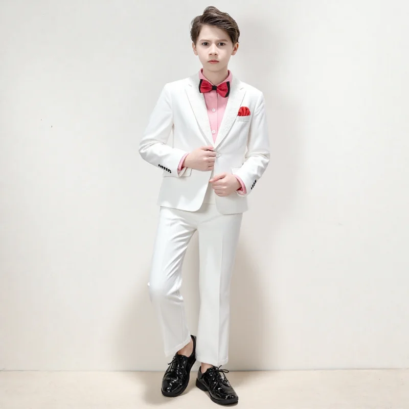 

Детский белый свадебный костюм из 3 предметов с курткой и брюками, детский наряд для фотосессии, смокинг на день рождения для мальчиков с цветочным узором, праздничное платье