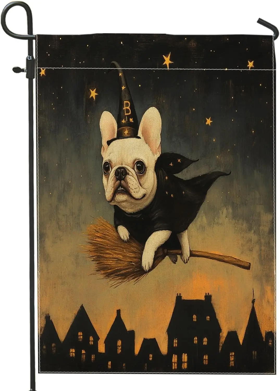 Halloween French Bulldog Dog Garden Flags 12”x18” Double Sided for Outside, Witch Broom Stars Front Yard Small Canvas House  yyi