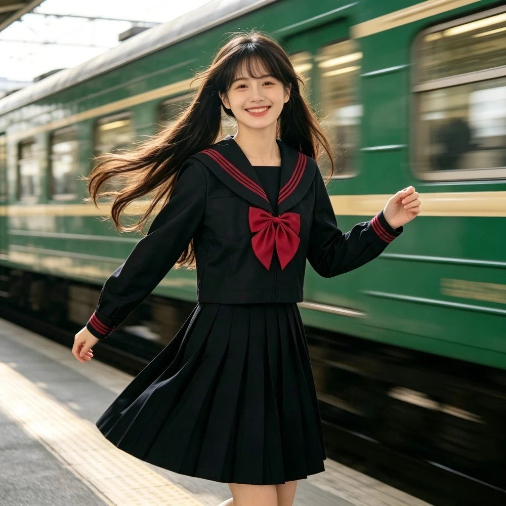 ダークjk制服、赤い三線セーラースーツ、卒業写真や普段着に最適な日本のデリケートなロングスカート