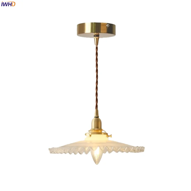 

IWHD Curled Edge Glass LED Hanging Lamp For Living Room Decoration Bedroom Cafe Copper French Vintage Pendant Lights Hanglampen