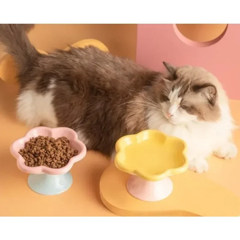 Ceramic Raised Cat Bowl With Flower Design, Elevated Cat Food Bowl Water Plate Snack Dish With Stand For Neck Protection