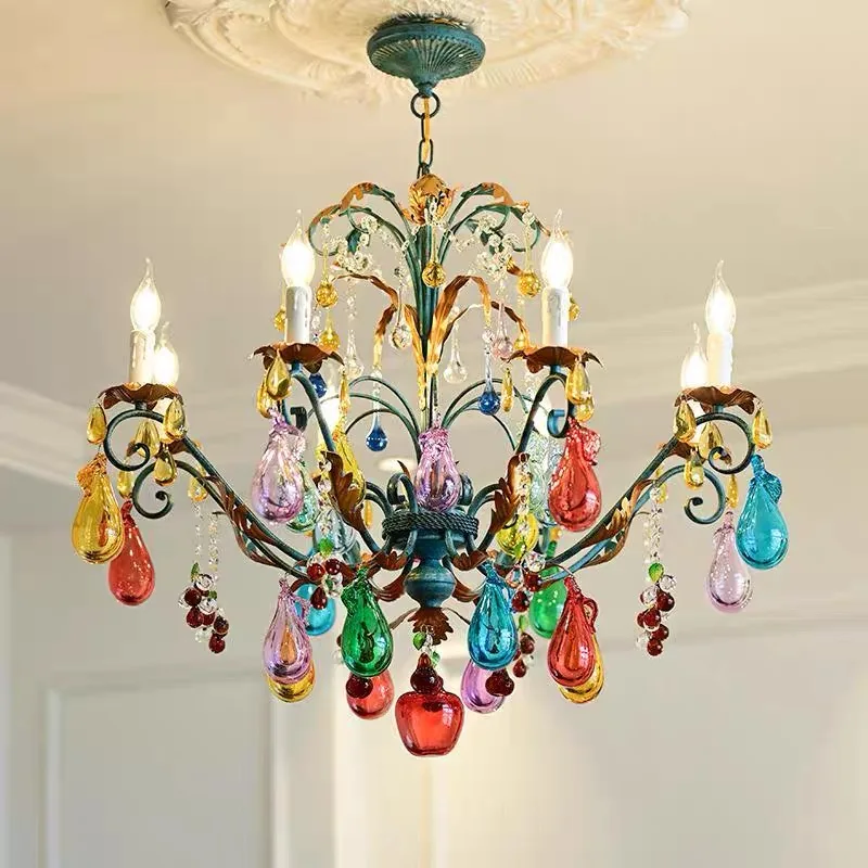 

French Colorful Restaurant Chandelier Art Glass Lamp Romantic Bedroom Lamp Retro Colorful Candle Chandelier Crystal Lamp