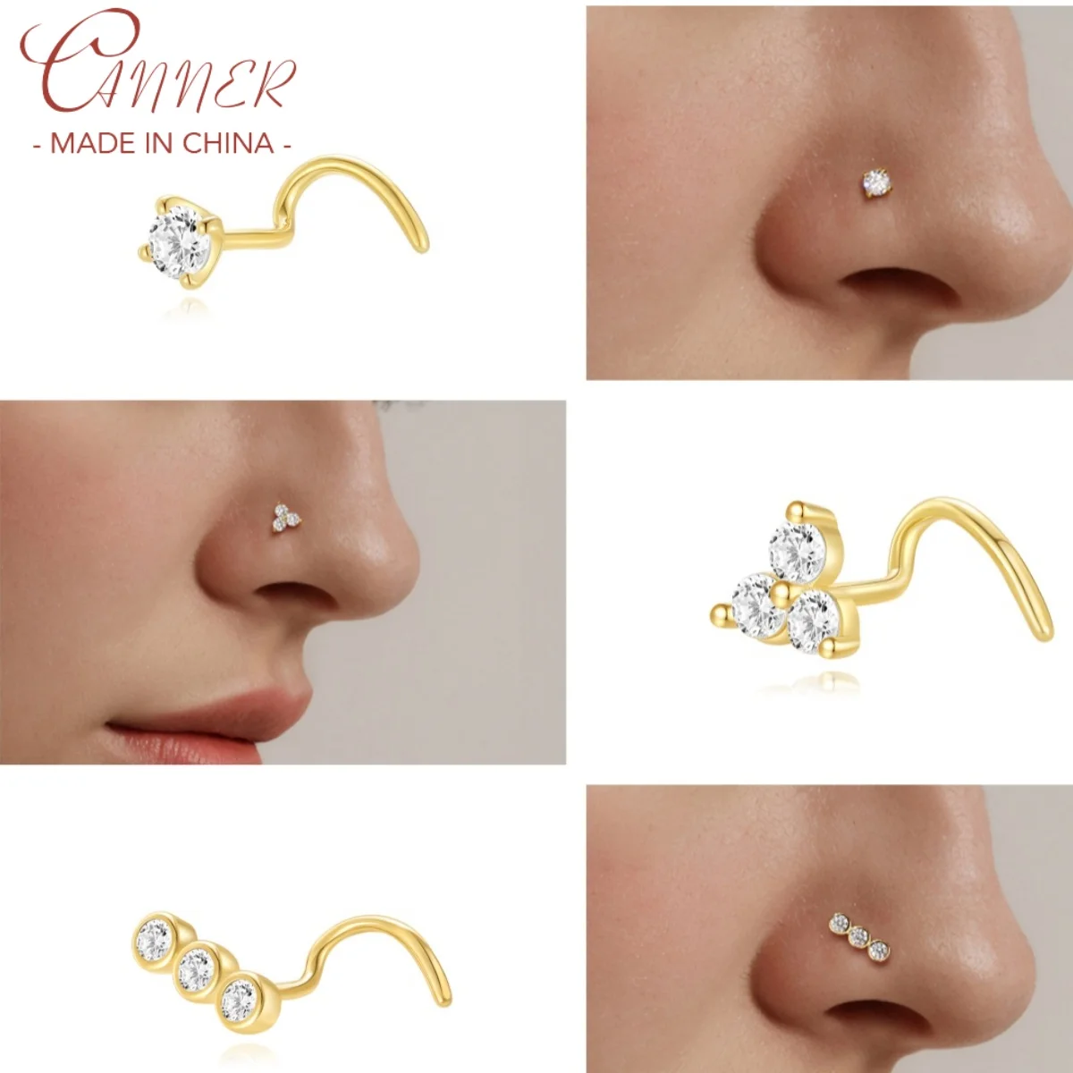 

CANNER 1Pc 925 Silver Fashionable Irregularly Curved Zircon Nose Ring For Women 18K Gold Exquisite Temperament Piercing Jewelry