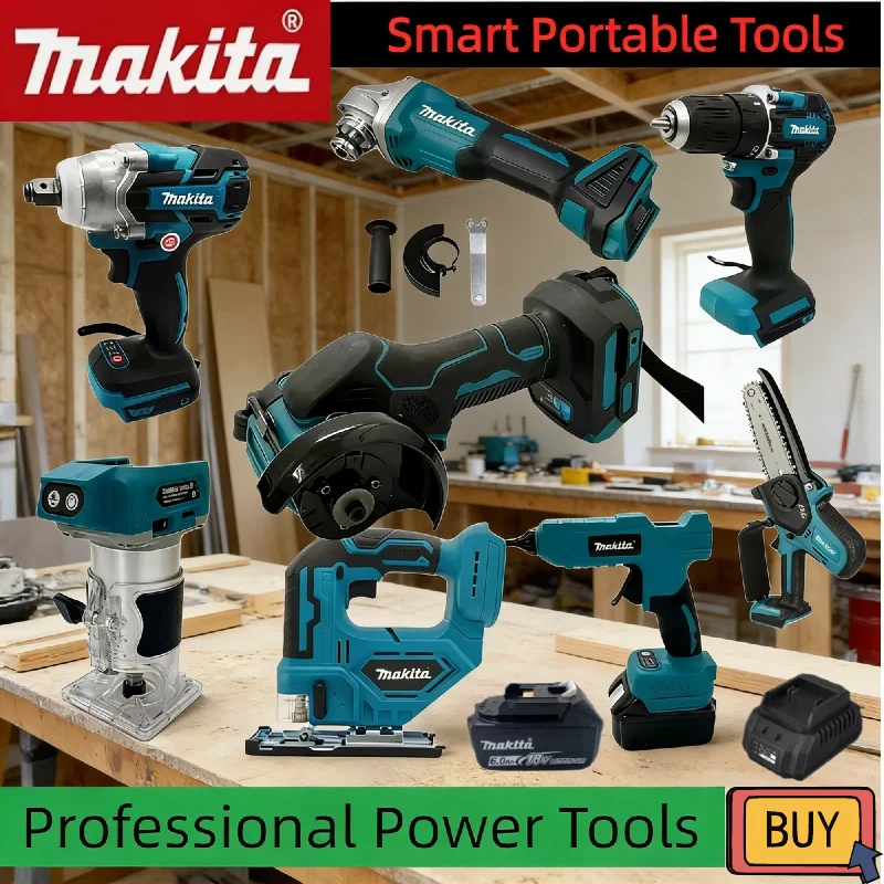 Kit Combinado Makita de 18V: Amoladora Angular sin Escobillas, Pistola de Grasa, Motosierra, Inflador de Aire, Pistola de Sellador de Silicona y Cortadora