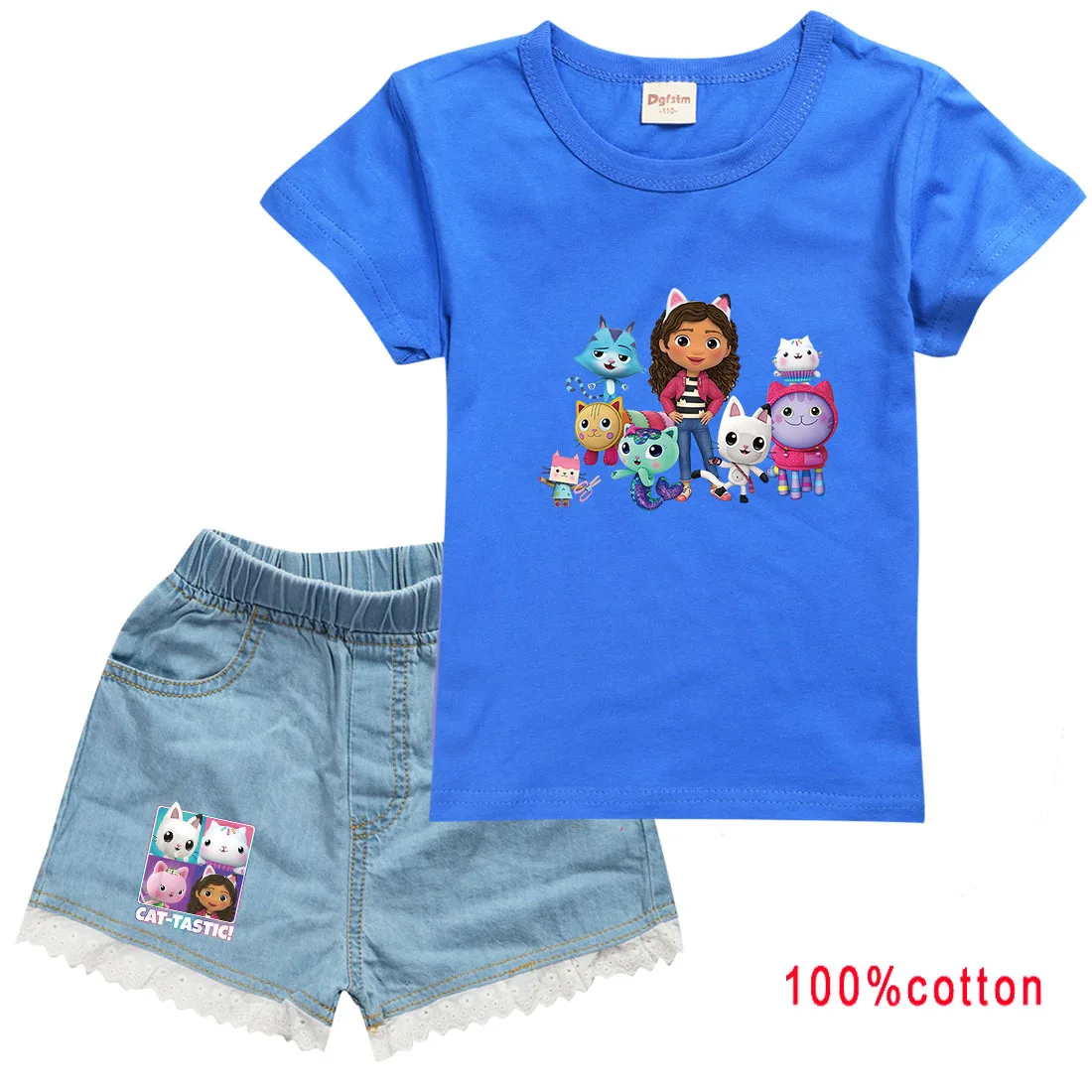 Gabbys Dollhause Clothes Toddler Girls Cartoon Outfits Children Summer Clothing Kids Gabby Cats T-shirts + Denim Shorts 2pcs Set