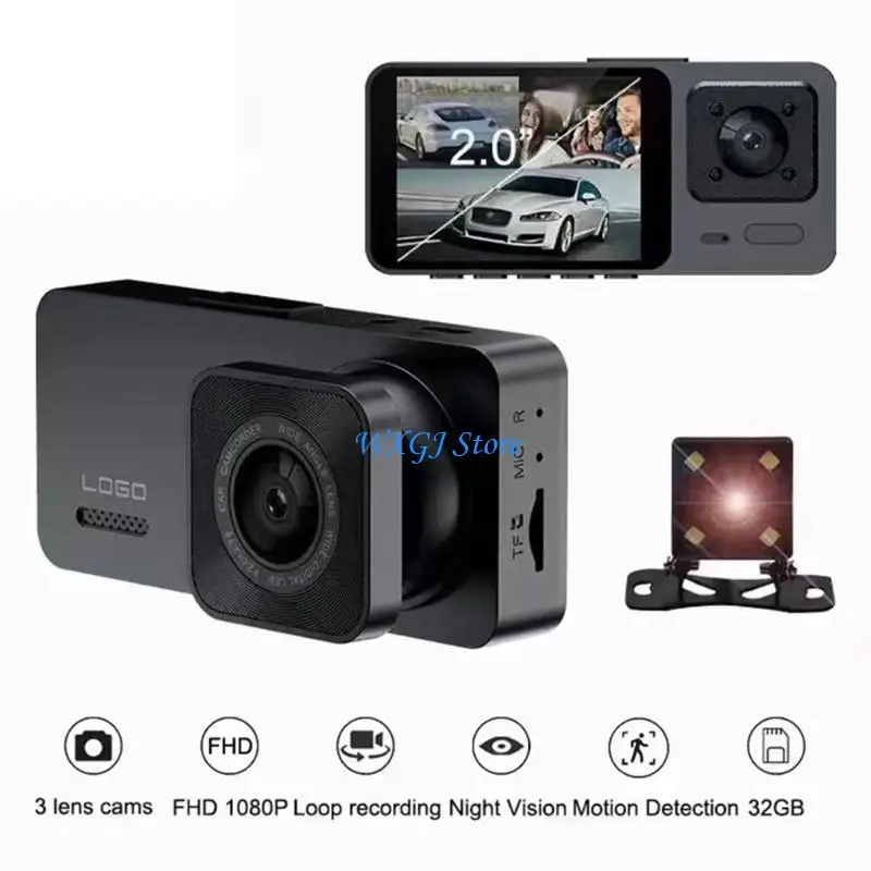 37JE 2/3 Channel Dashcam Video Recorder 2'' IPS Screen Wide Camera Car DVR 1080P Front Rear Camera