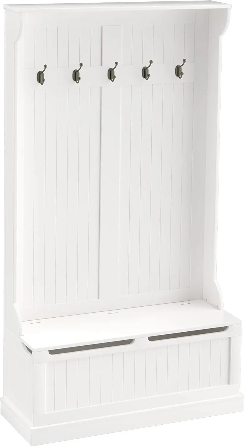 

3-In-1 Hall Tree With Shoe Storage, Standing Coat Ra With Shoe Bench, Entryway Organizer With Five Hooks, Cream White