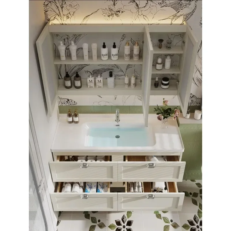 B7 American French Style Smart Bathroom Cabinet Luxury Oak Washbasin Integrated Basin Vanity Unit Modern Hygiene Storage