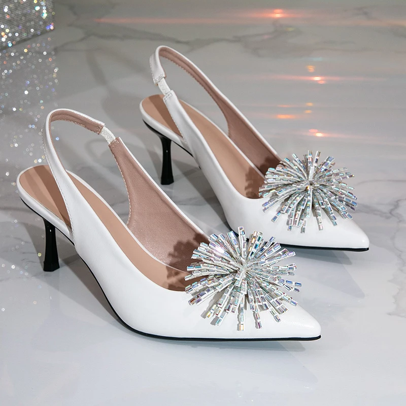 Women's summer new pure white soft leather pointed back wind fine heel sandals with rhinestone decoration buckle sandals