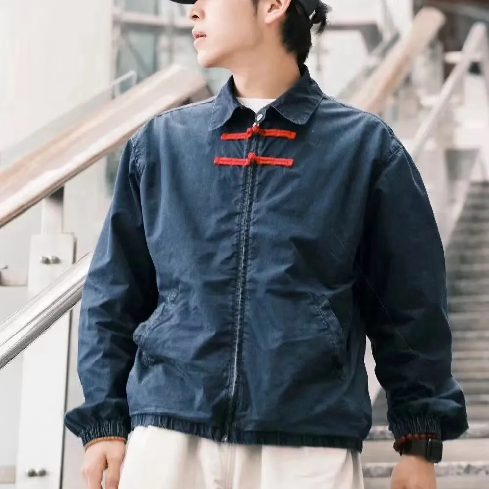 

Waed Denim Jaet with Red Silk Embroidery And Button Detailing Vintage Chinese Sle by Chen Guangxi Men's Long Sve Coat