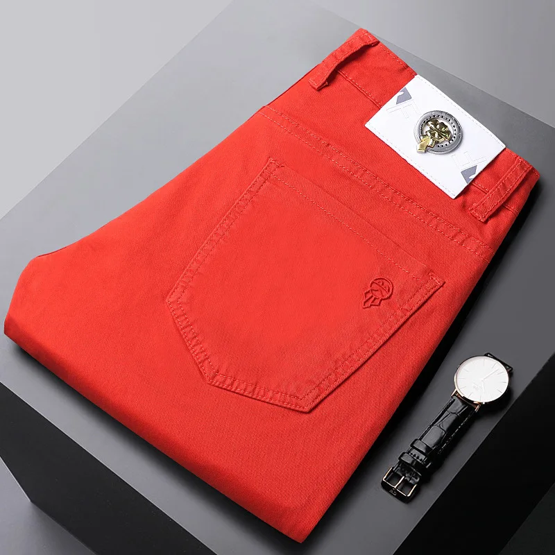 

Red jeans men's slim fit skinny stretch casual trend quality summer thin 2024 New light luxury men's pants