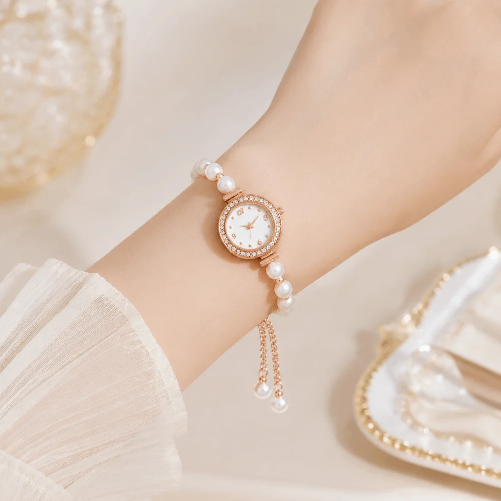 Slim Strap Ladies Quartz Watch Round Dial Quartz Movement Rhinestone Watch Decorative Drawstring Design Women Quartz Watch