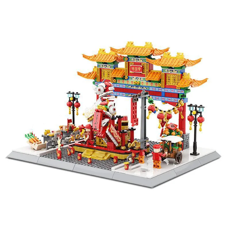 Creative Modern Architecture Building Block Chinatown Construction Model Lion Dance Figures Brick Toy Collection For Gifts