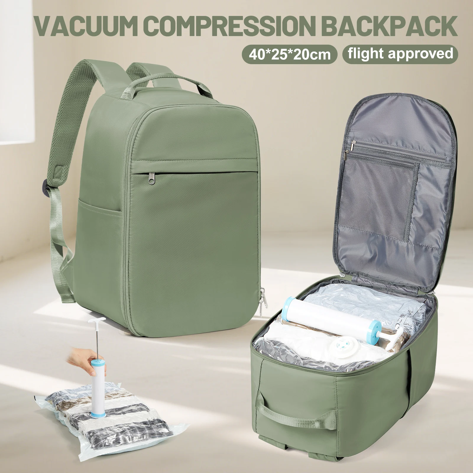

40*25*20 Business Vacuum Compression Travel Backpack Set with Hand Pump Airplane Carry-On Compliant + Hidden Storage Compartment