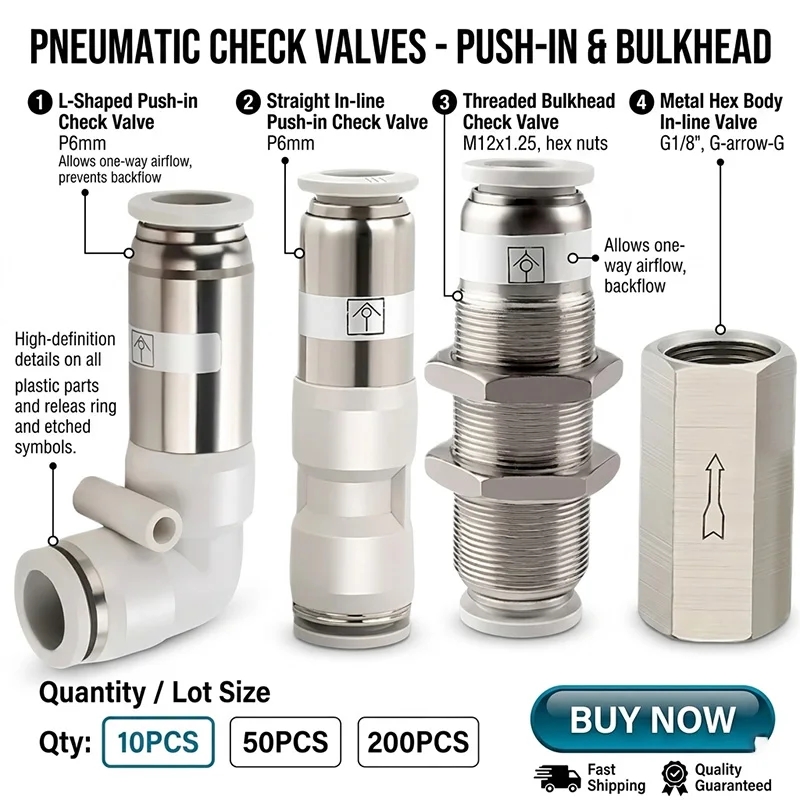Pneumatic Check Valve One Way Non Return Push in Fittings Air Tube Connector Straight Elbow Bulkhead 4/6/8/10/12mm 10/50/200PCS