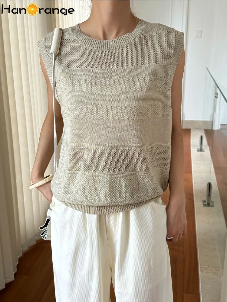 HanOrange 2024 Summer Lazy Simple Hollow O-Neck Knitted Tank Women Soft Comfortable Sleeveless Lyocell Top White/Black/Apricot