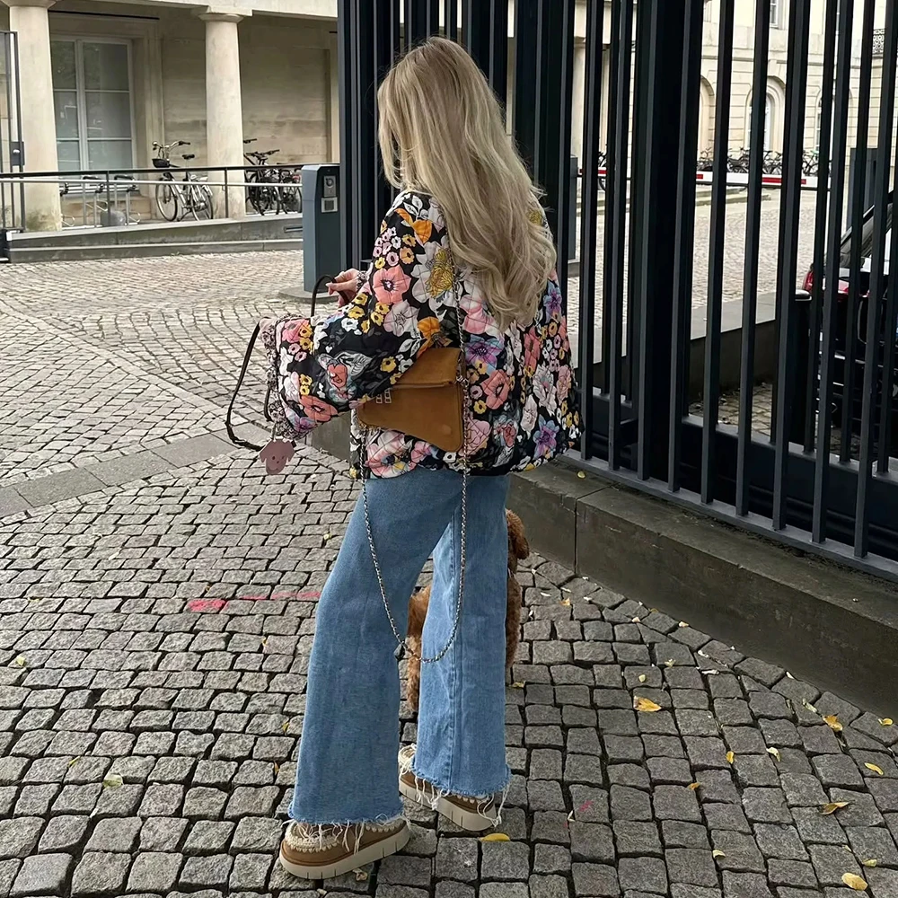 TWOTWINSTYLE Colorblock Printing Casual Coats For Women Round Neck Long Sleeve Patchwork Single Breasted Jackets Female Fashion