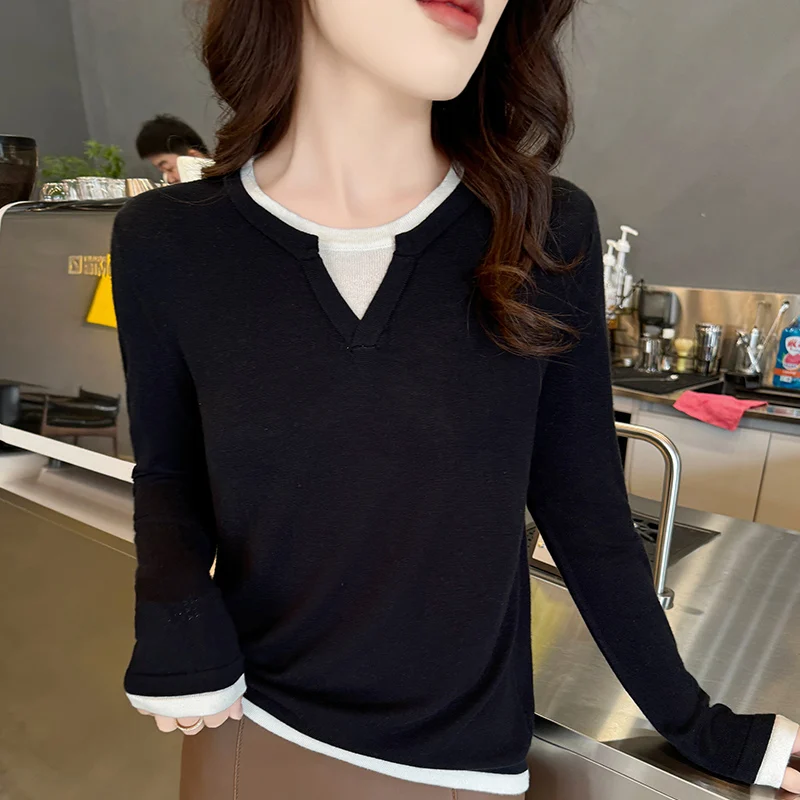Women's Patchwork Casual Spring and Autumn Women's Clothes Mulberry Silk Knitwear Wool V-Neck Pullover