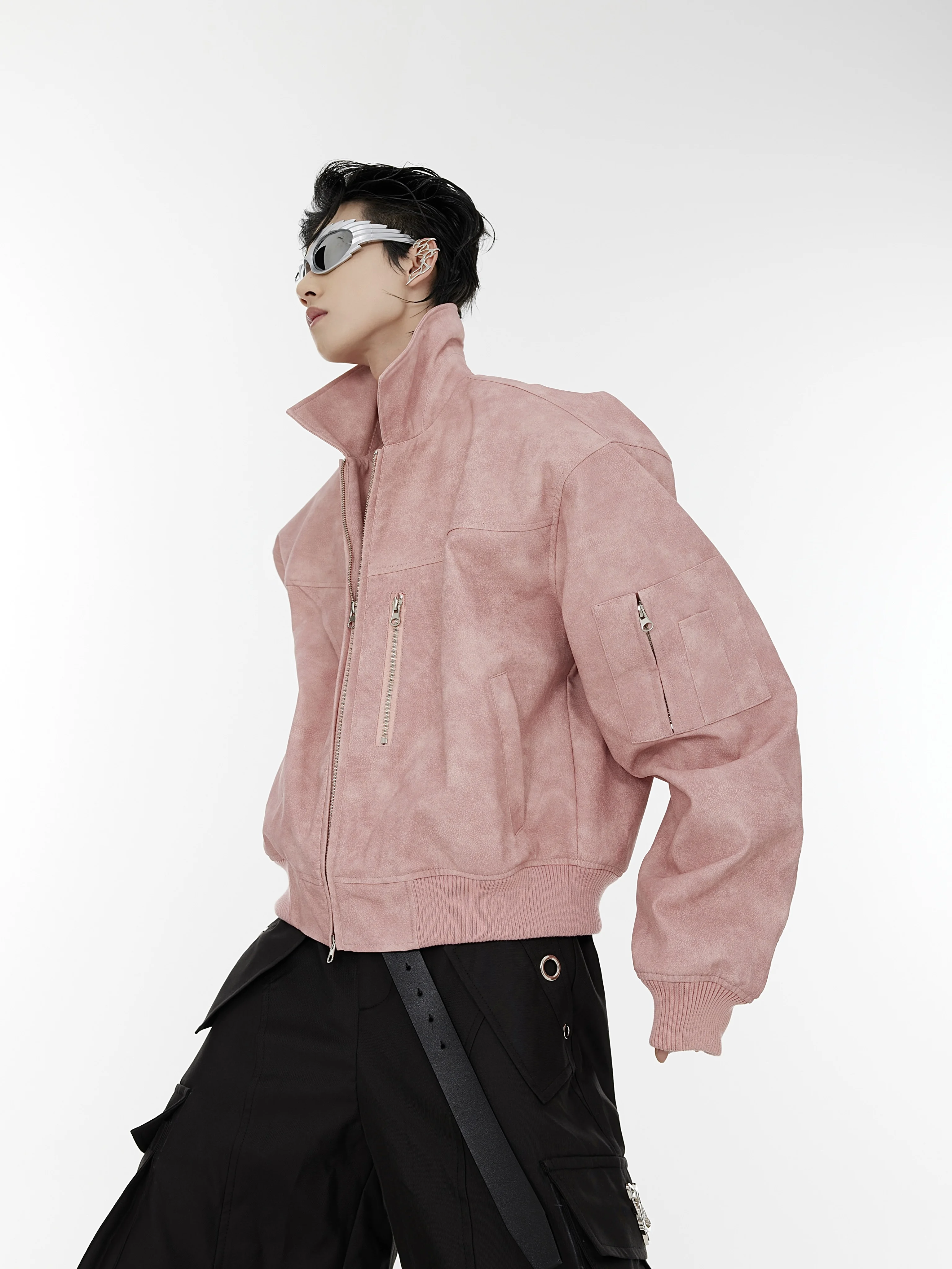 CulturE24ss Polka Dot Gradient Short Jacket Metal Zipper Design PU Leather Coat Shoulder Pad Youth Fashion Autumn Outerwear