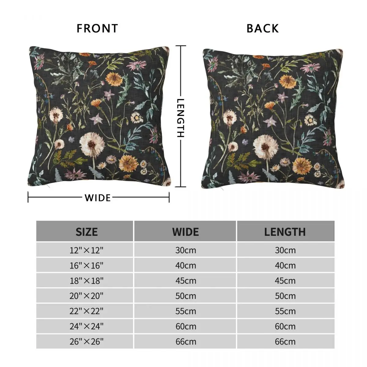 Wylde Fleur Black Square Pillowcase Polyester Linen Velvet Pattern Zip Decor Pillow Case Bed Cushion Cover