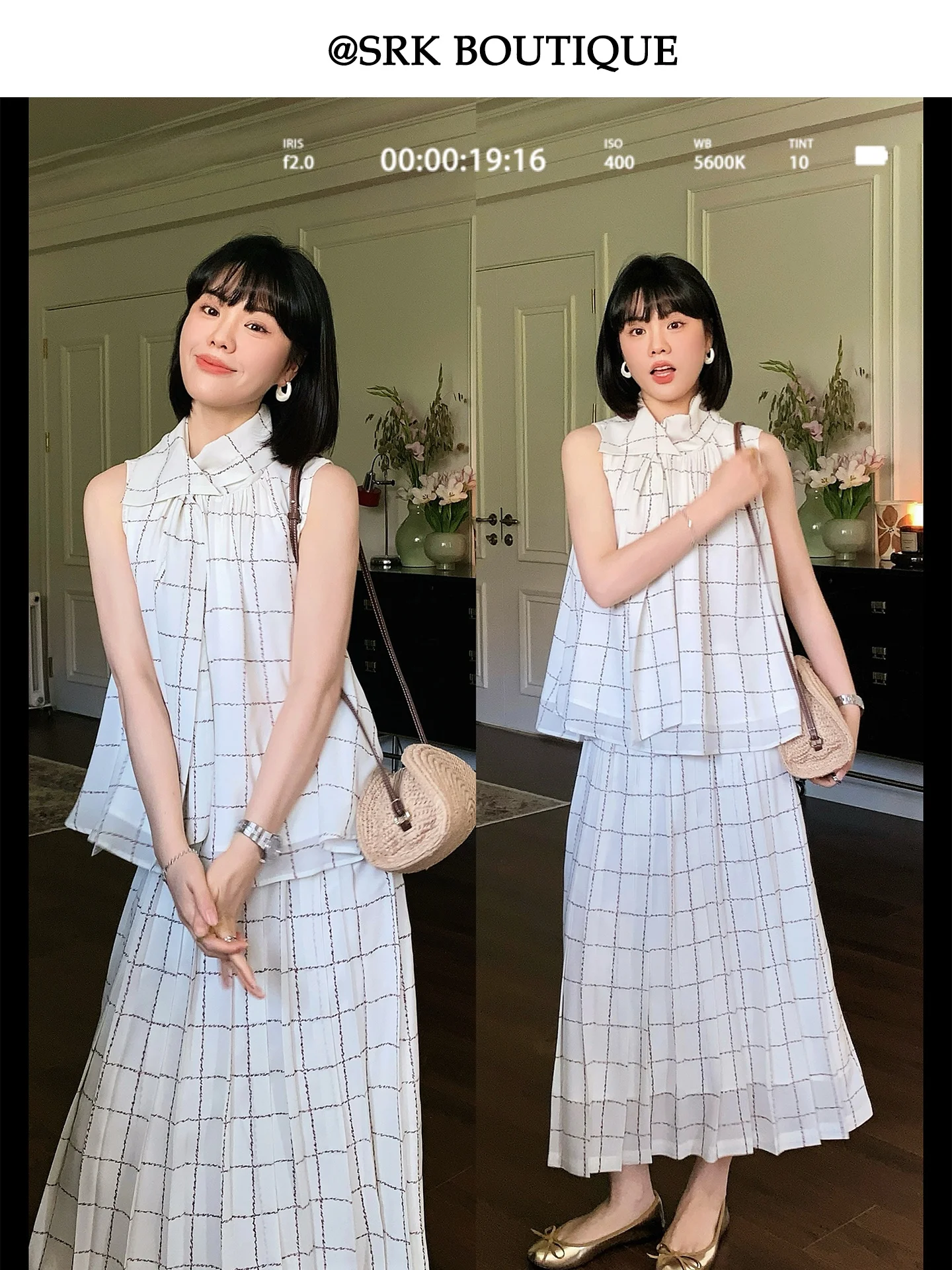 

SRK Elegant Plaid Set Wall Hanging Sleeveless Women's Gentle Skirt Long Dress Two-Piece Summer Fashion Outfit Casual Workwear