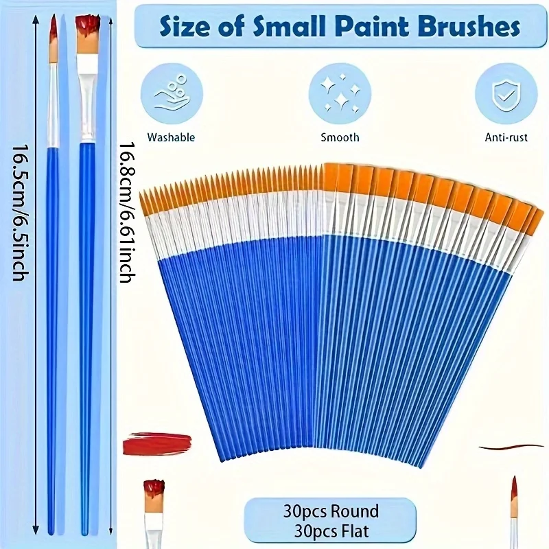 A Set of 60 Paintbrushes and Palettes: 30 Flat and 30 Pointed Nylon Hair Artist Brushes with 5 Round Palettes for Acrylic, Water