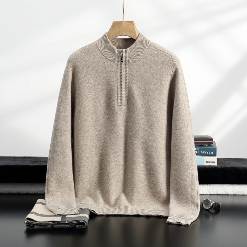 Autumn/winter cashmere sweater for men heavy zipper knit long sleeve semi-high neck vertical strip bottom knit sweater