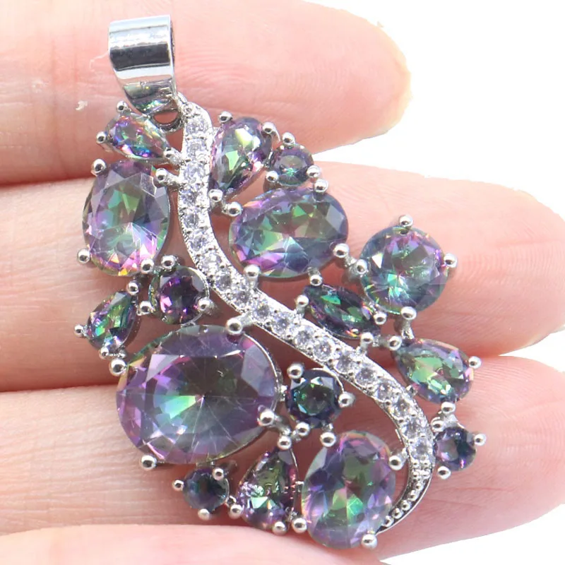 41x25mm SheCrown Beautiful 5.4g Big Size Fire Rainbow Mystic Topaz Pink Tourmaline White CZ Women Wedding Silver Pendant