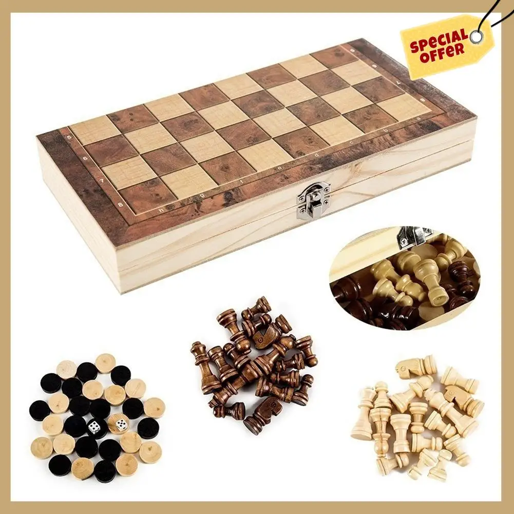 Stable Performance-Wooden Foldable 3 In 1 Chess Backgammon Wooden Board Folding Board Game