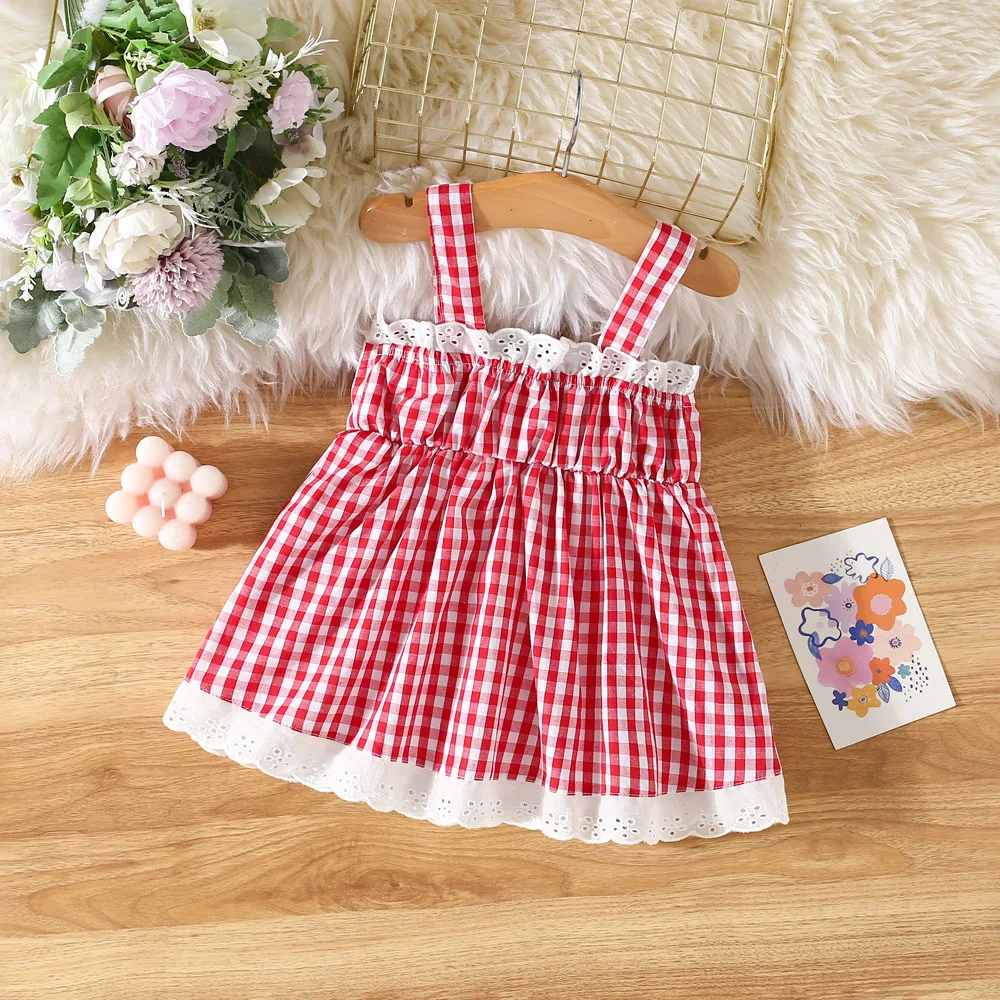 Summer New Baby Girls Dress Sweet Princess Dress Halter Plaid Floral Embroidery Lace Rustic Sweet Princess Dress