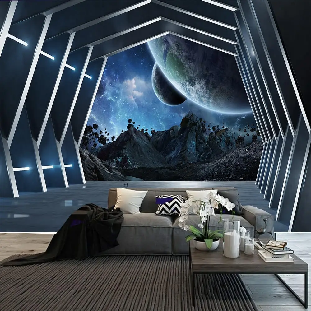 Tapiz de estación espacial de galaxia, arte de pared futurista de ciencia ficción, planeta, tierra, para dormitorio, sala de estar, decoración de dormitorio