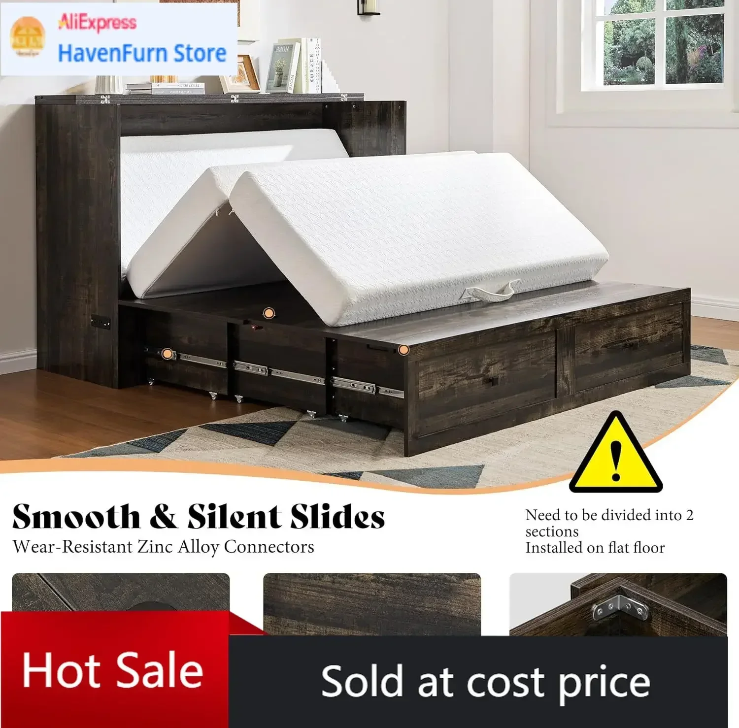 Activity priceFarmhouse Foldable Bed Cabinet with Charging Station and Storage Platform Guest Room Office Small Spaces Black Oak