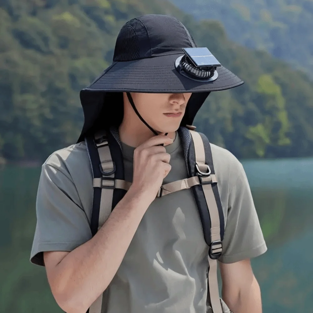 New Breathable Solar Fan Cap Adjustable Cooling Wide-Brimmed Hat Shawl Attached Lightweight Outdoor UV-Protection Hat Hiking view 3