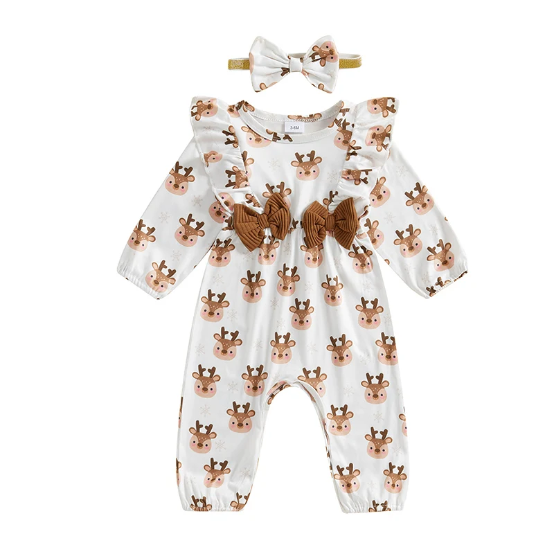 

Рождественский наряд для новорожденных девочек, комбинезон с принтом пряничного человечка, хлопковый льняной комбинезон с рюшами и длинными рукавами, повязка на голову