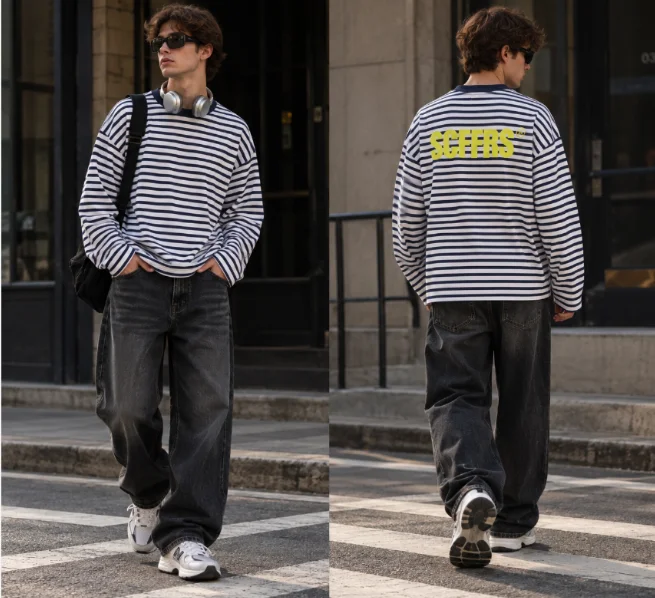 Unisex long sleeved T-shirt with loose stripes, back letter printed round neck casual Y2K streetwear top
