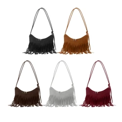 Retro Fringe Shoulder Bag Tassel Purse Women Casual Solid Color Large Capacity Crossbody Bag for Beach Travel School Vacation