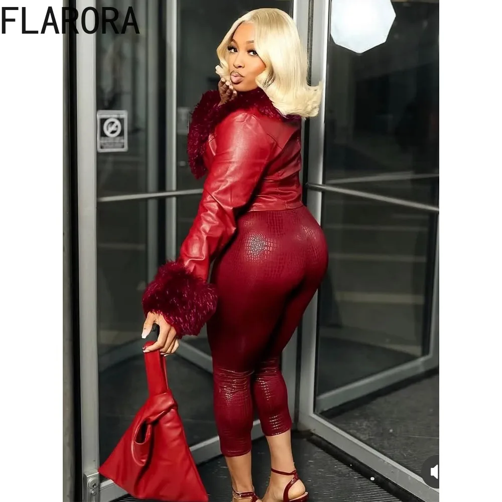 FLARORA Moda Patchwork in pelliccia sintetica Set da 2 pezzi Donna Cardigan con scollo a V Giacche e pantaloni skinny Abiti Autunno Vintage Streetwear