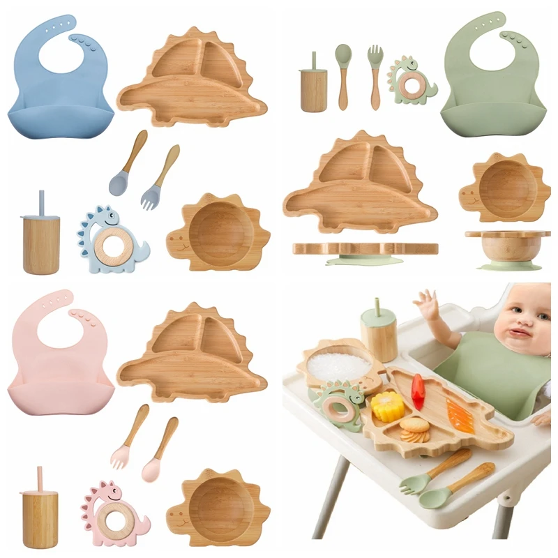 7Pcs Children Tableware Set Natural Wooden Cartoon Dinosaur Baby Dinner Plate Bowl Spoon Fork Cup Set Baby Feeding Accessories