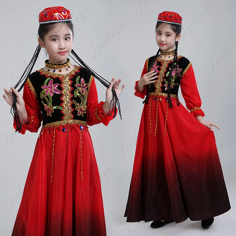 

Новые костюмы для выступлений для девочек, детские уйгурские танцевальные костюмы, костюмы Синьцзяна, танцевальное представление этнических меньшинств