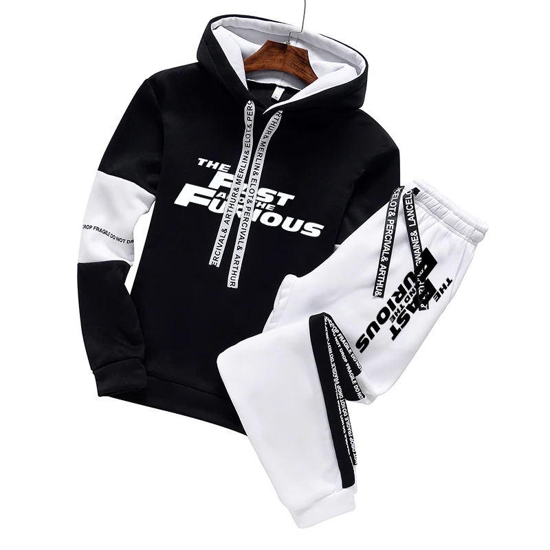 2024 Autumn Mens Tracksuit Print Casual Hooded Sweatshirt+Jogging Sweatpants 2 Piece Set Daily High Street  Black White Outfits