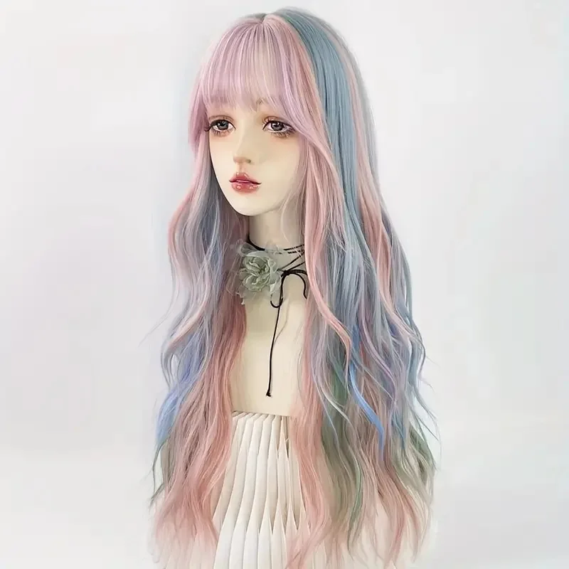 Rainbow Ombre Pink Blue Green Mixed Long Wavy Women Wigs With Bangs Synthetic Lolita Cosplay Wig For Party Heat Resistant - view 5